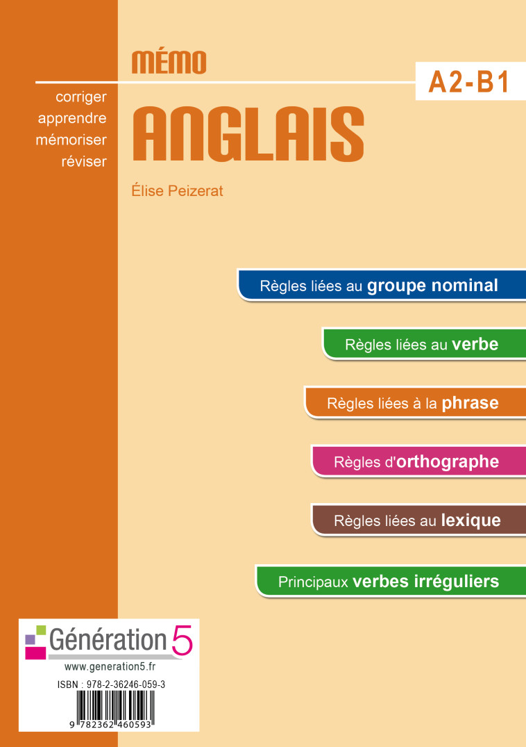 MEMO ANGLAIS A2-B1 (COLLEGE) - PEIZERAT ELISE - GENERATION 5