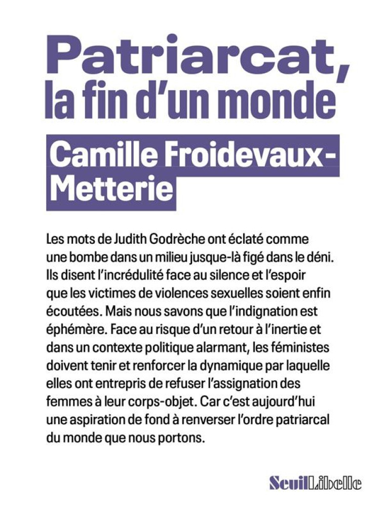 PATRIARCAT, LA FIN D-UN MONDE - FROIDEVAUX-METTERIE CAMILLE - SEUIL