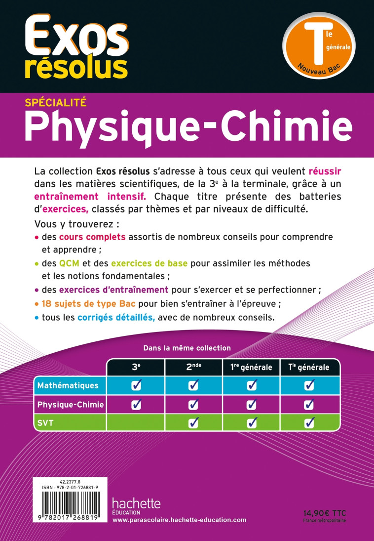 Exos résolus spécialité Physique-Chimie Tle - De La Baume Frédérique, Blat Stéphane, Castro Jean-Paul, Marteletti Raphäel, Samouilla Marc, Trouvé Laurent - HACHETTE EDUC