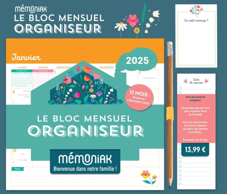 Le Bloc mensuel organiseur Mémoniak 2025 - Floral - COLLECTIF - 365 PARIS