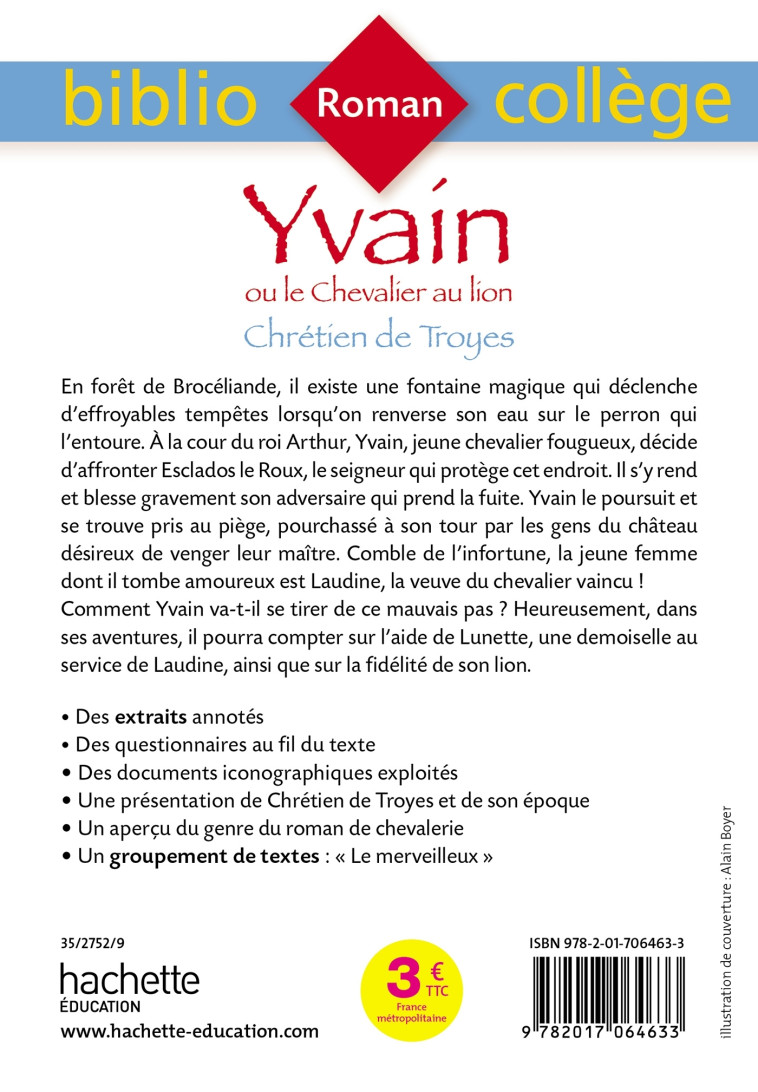 YVAIN OU LE CHEVALIER AU LION 2019 - CHRETIEN DE TROYES - HACHETTE EDUC