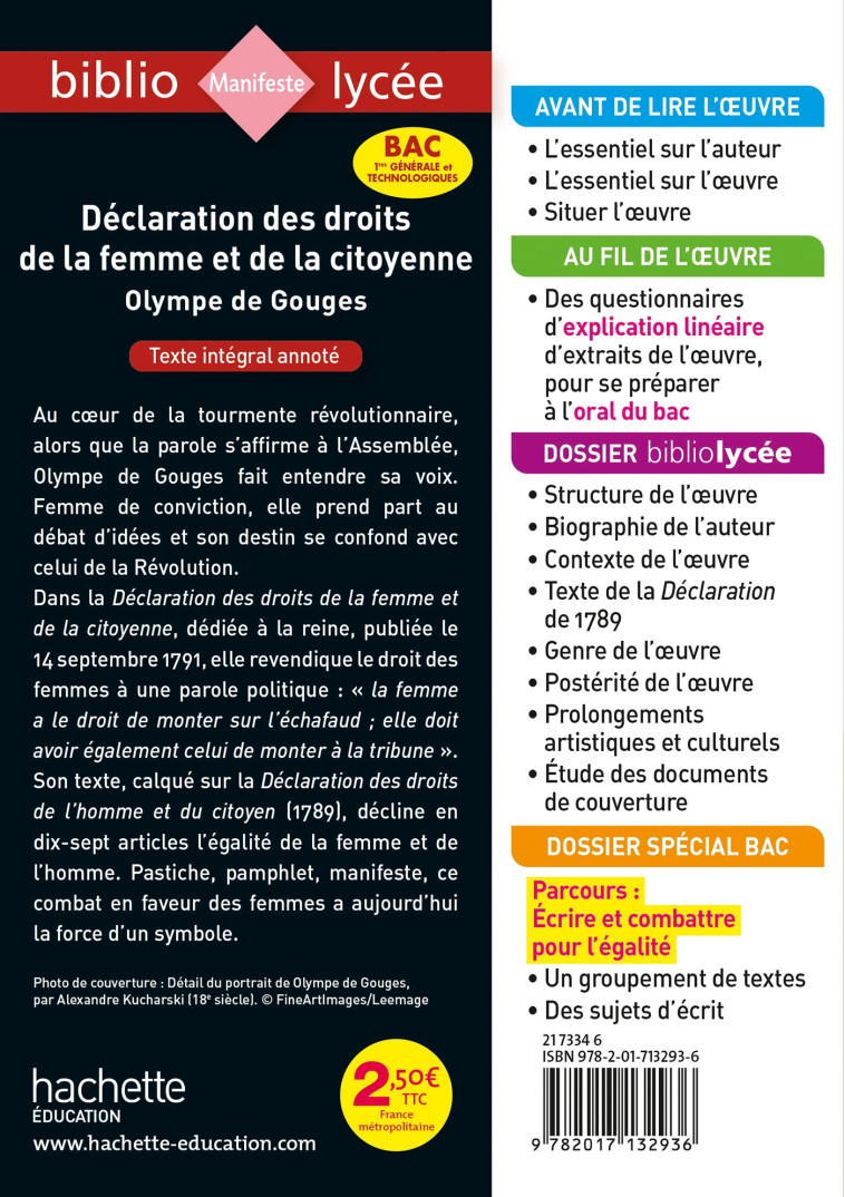 DECLARATION DES DROITS DE LA FEMME ET DE LA CITOYENNE BAC 2022 - GOUGES/LISLE - HACHETTE EDUC