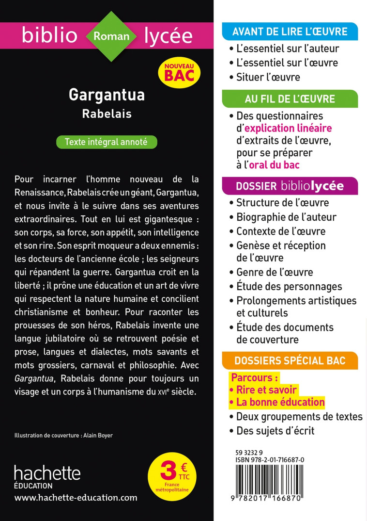 GARGANTUA BAC 2022 TEXTE INTEGRAL - RABELAIS FRANCOIS - HACHETTE EDUC