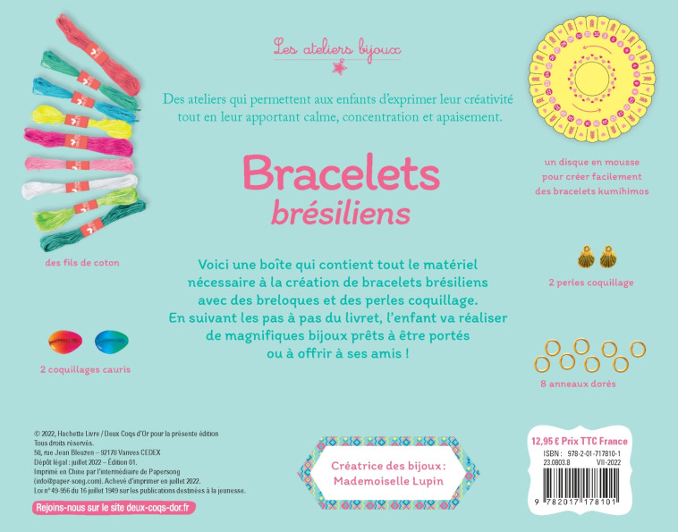 MES BRACELETS BRESILIENS - COFFRET AVEC ACCESSOIRES - LUPIN/RUBINI - DEUX COQS D OR