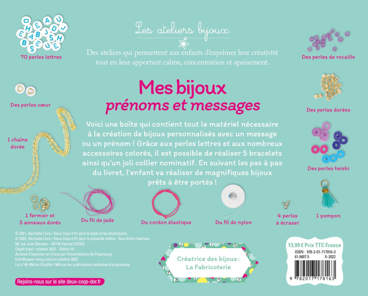 MES BIJOUX PRENOMS ET MESSAGES COFFRET AVEC ACCESSOIRES - LA FABRICOTERIE - DEUX COQS D OR