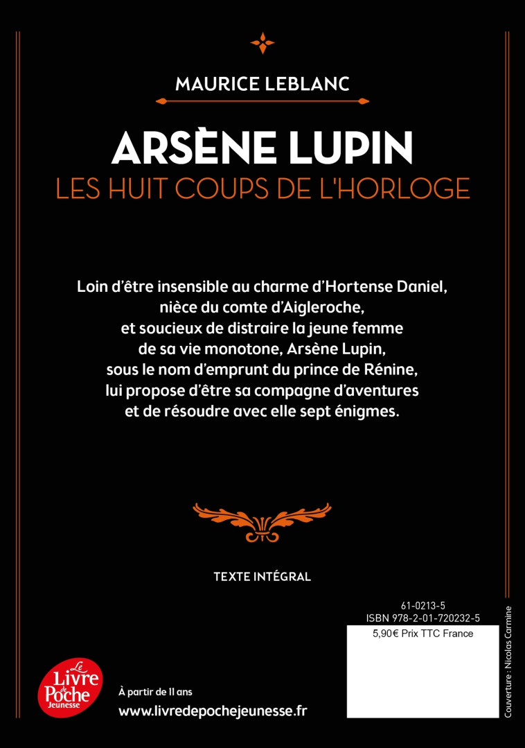 ARSENE LUPIN - LES HUIT COUPS DE L'HORLOGE - LEBLANC MAURICE - POCHE JEUNESSE