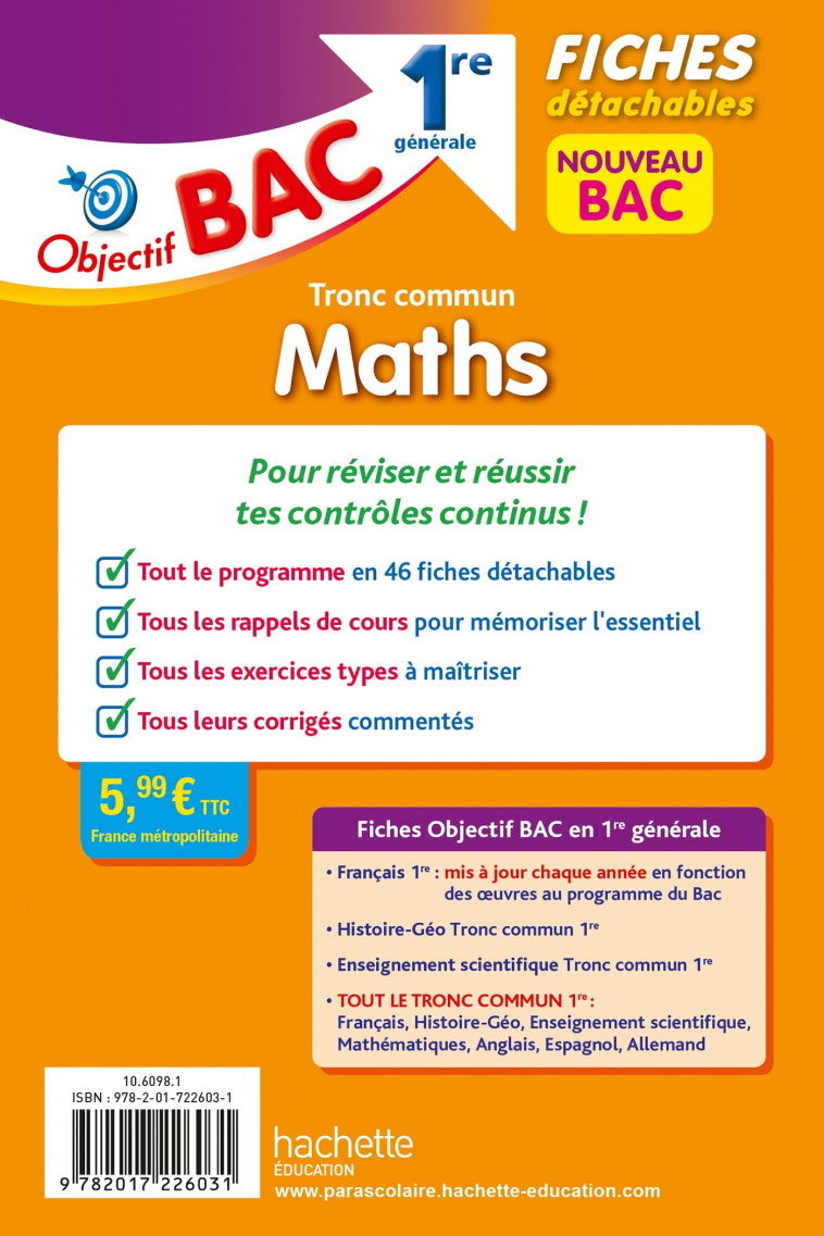 FICHES DETACHABLES MATHS TRONC COMMUN 1RE GENERALE - THAU/BINZ/DESSAINT - HACHETTE EDUC