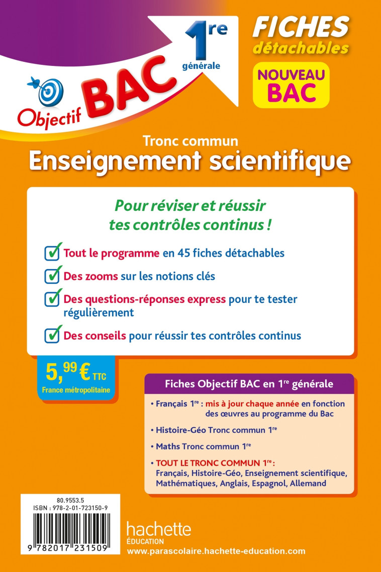 FICHES DETACHABLES ENSEIGNEMENT SCIENTIFIQUE 1RE GENERALE - DESSAINT - HACHETTE EDUC