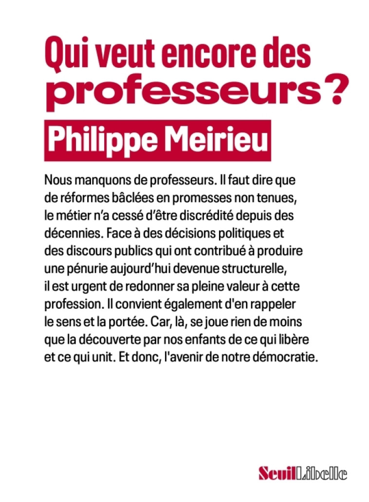 QUI VEUT DES PROFESSEURS ? - MEIRIEU PHILIPPE - SEUIL