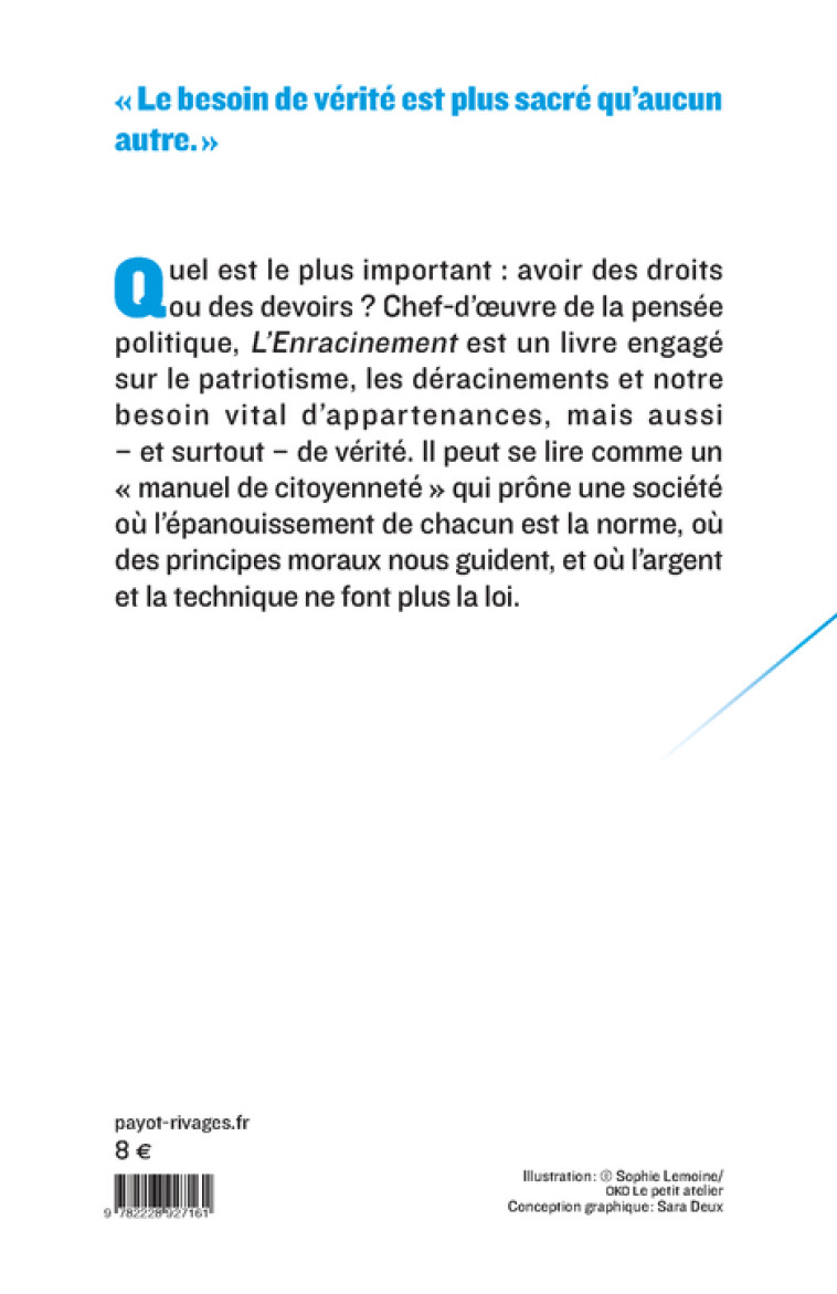 L'ENRACINEMENT - PRELUDE A UNE DECLARATION DES DEVOIRS ENVERS L'ETRE HUMAIN - WEIL SIMONE - PAYOT