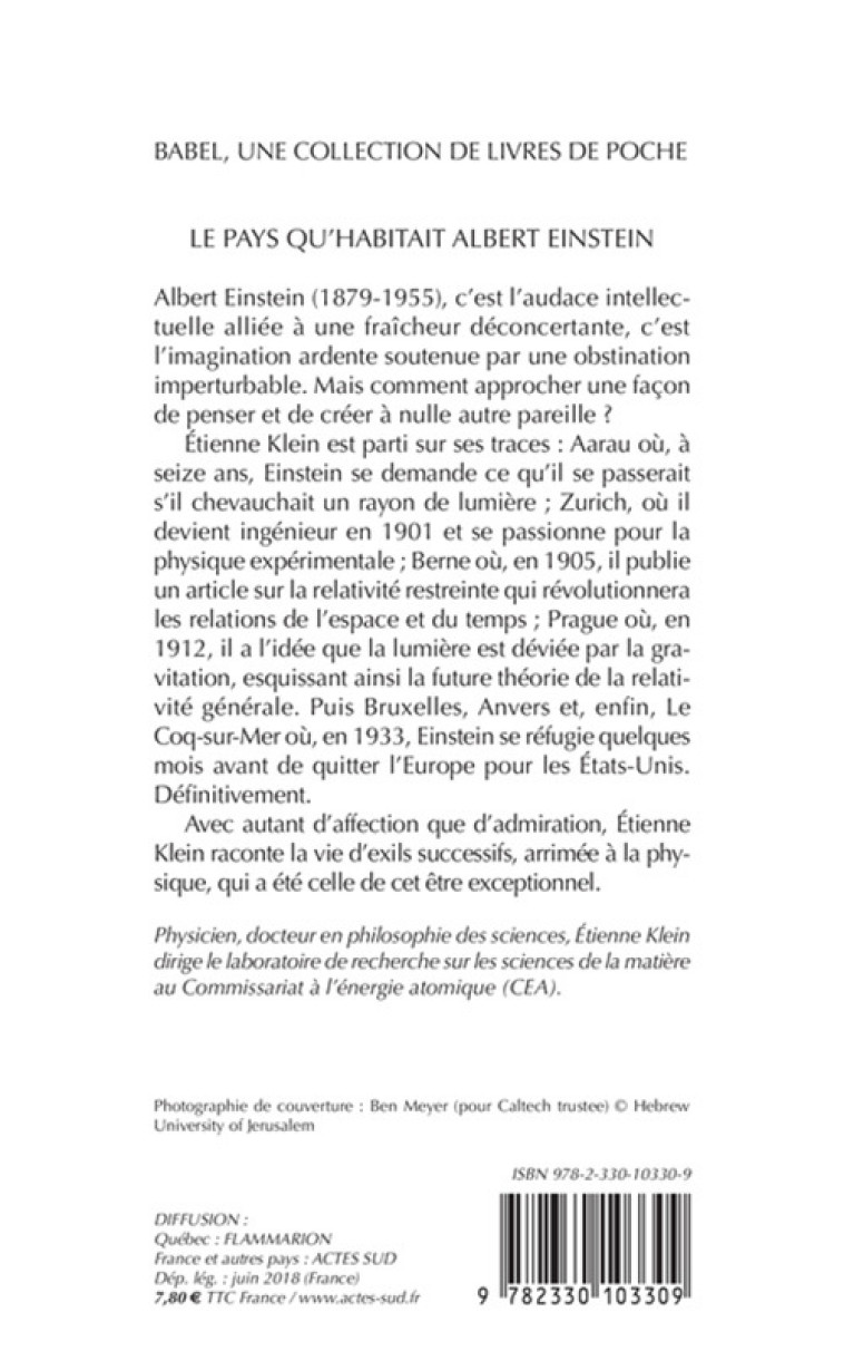 LE PAYS QU'HABITAIT ALBERT EINSTEIN (BABEL) - KLEIN ETIENNE - ACTES SUD