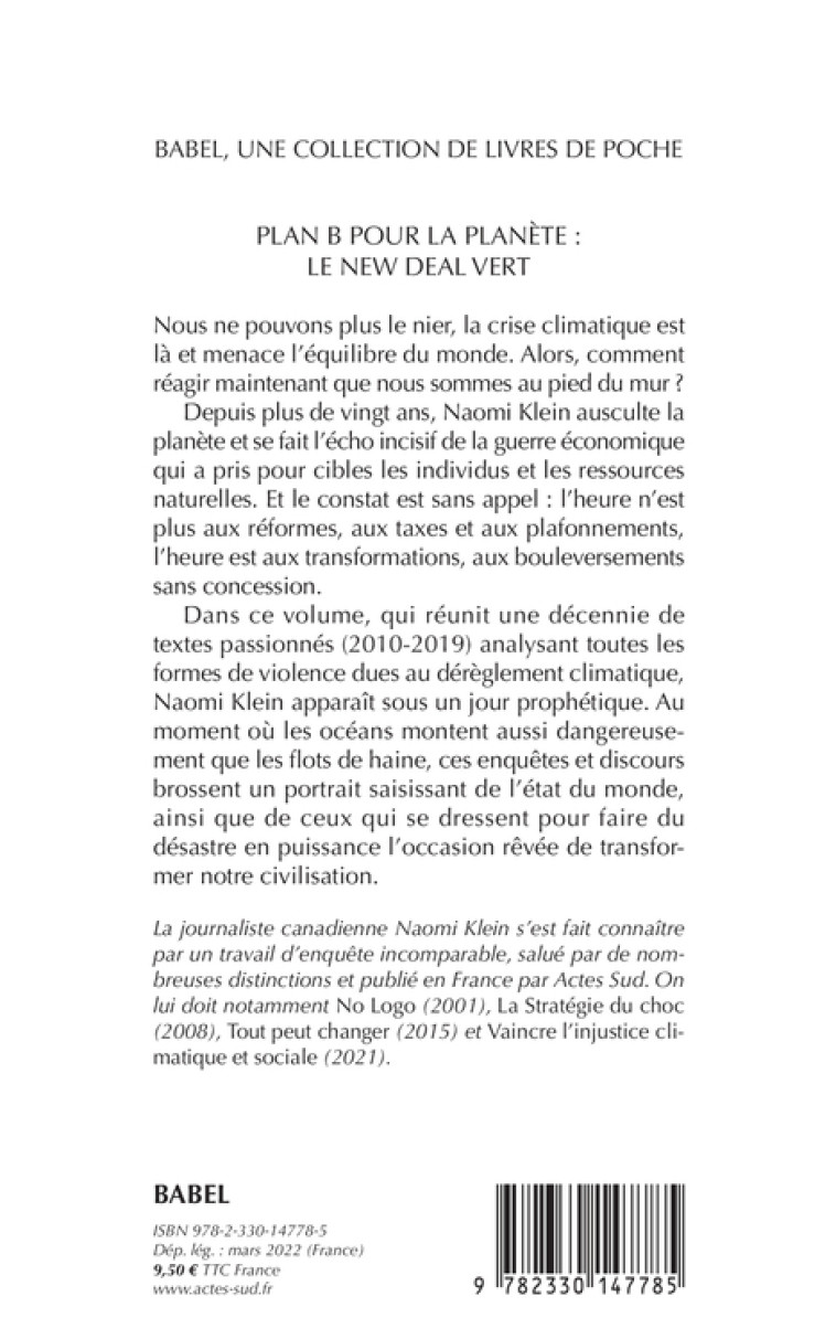 PLAN B POUR LA PLANETE : LE NEW DEAL VERT - KLEIN NAOMI - ACTES SUD