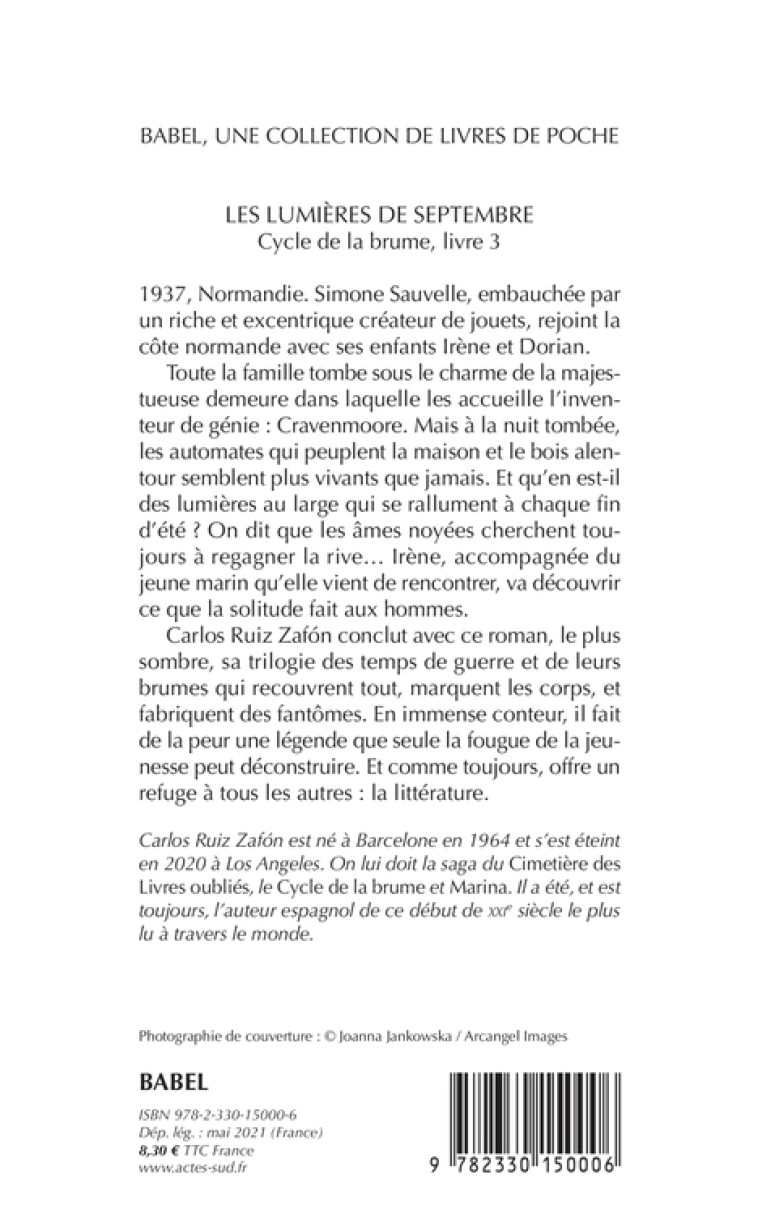 LES LUMIERES DE SEPTEMBRE - CYCLE DE LA BRU ME, LIVRE 3 - ZAFON CARLOS RUIZ - ACTES SUD