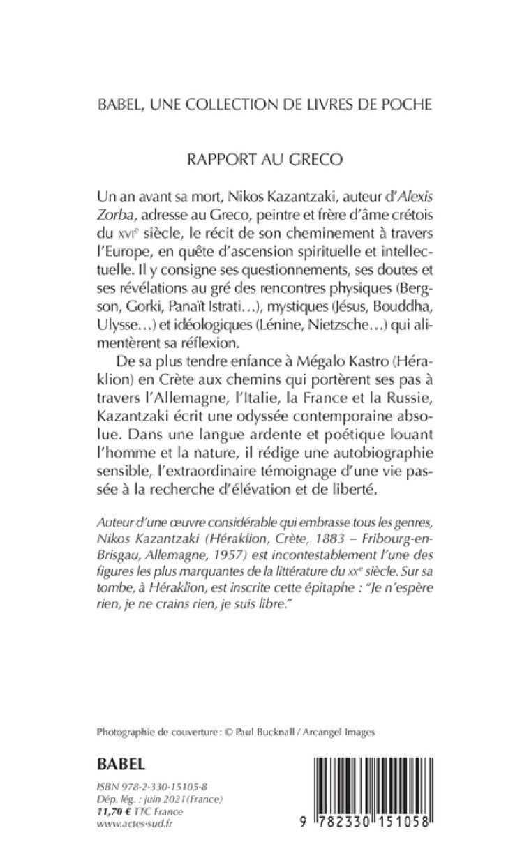 RAPPORT AU GRECO - KAZANTZAKIS NIKOS - ACTES SUD