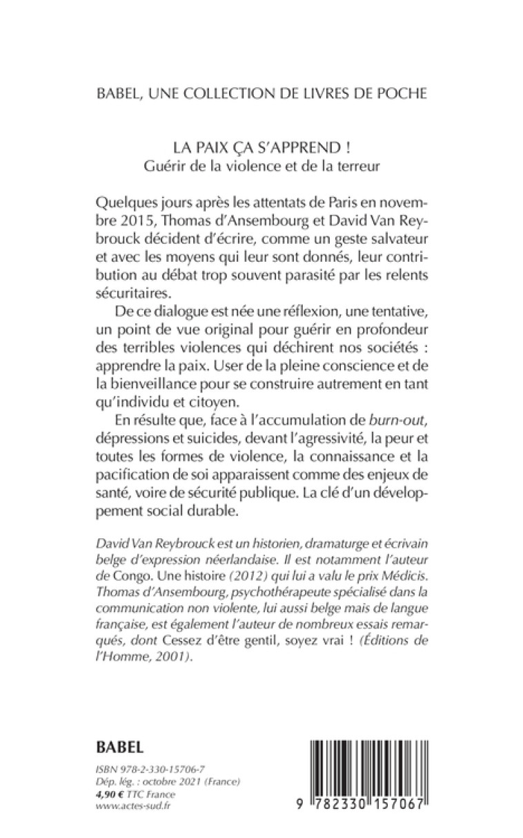 LA PAIX CA S'APPREND ! - GUERIR DE LA VIOLENCE ET DE LA TERREUR - D'ANSEMBOURG - ACTES SUD