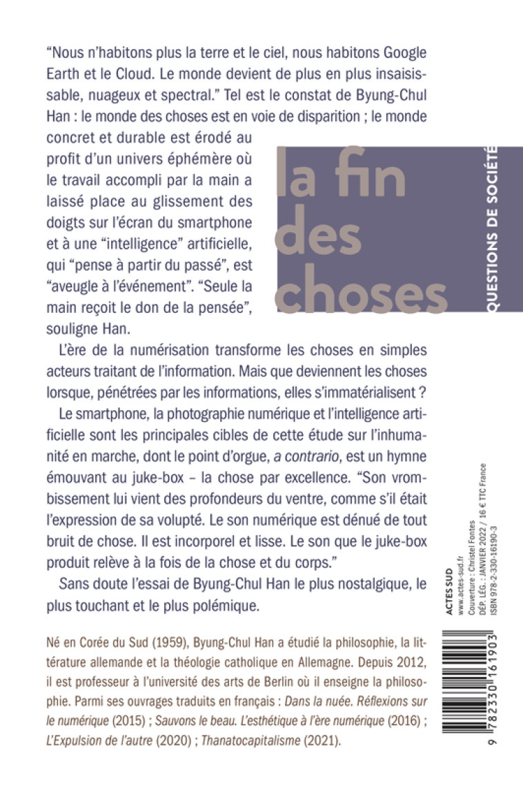 LA FIN DES CHOSES - HAN BYUNG-CHUL - ACTES SUD