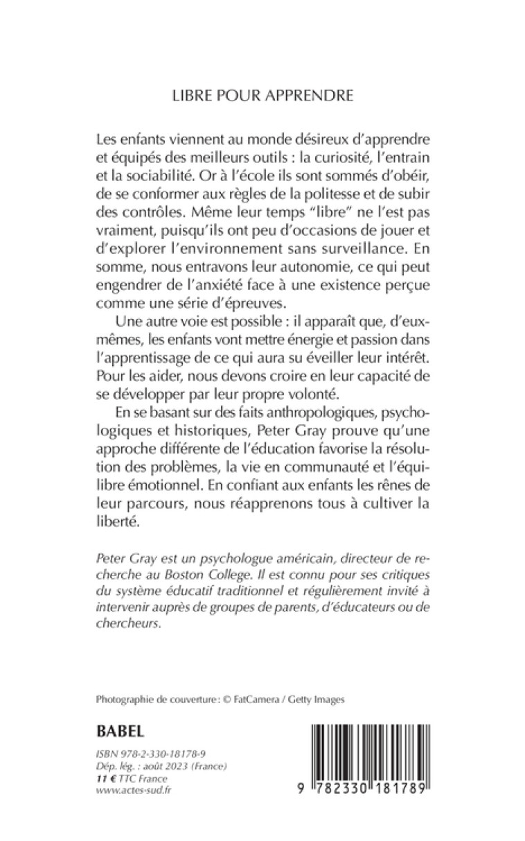 LIBRE POUR APPRENDRE - GRAY PETER - ACTES SUD