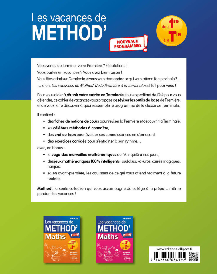 MATHEMATIQUES DE LA 1RE A LA TLE - LES VACANCES DE METHOD' - PETIT/MACAGNO - ELLIPSES