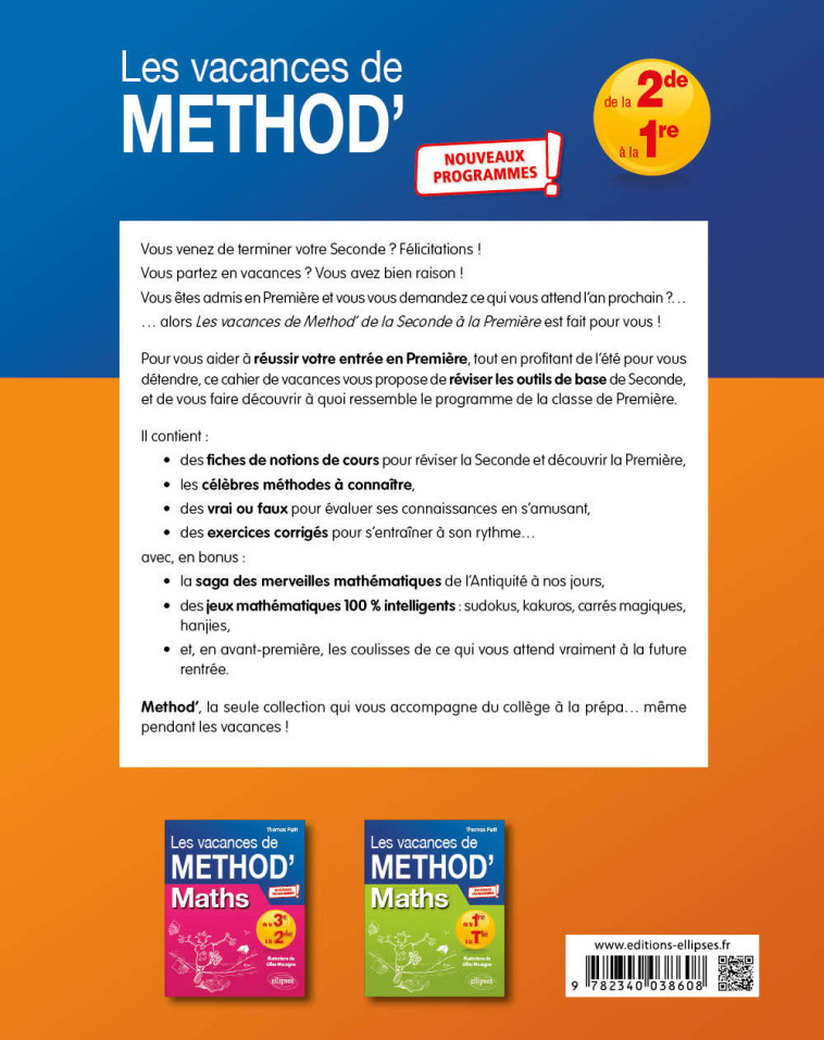 MATHEMATIQUES DE LA 2DE A LA 1RE - LES VACANCES DE METHOD' - PETIT/MACAGNO - ELLIPSES