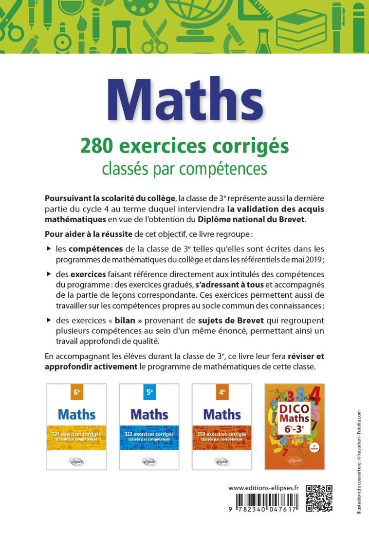 MATHEMATIQUES 3E 280 EXERCICES CORRIGES CLASSES PAR COMPETENCES - POULAIN CHRISTOPHE - ELLIPSES