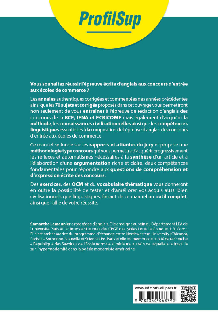 REUSSIR L EPREUVE DE REDACTION EN ANGLAIS AUX CONCOURS D ENTREE AUX ECOLES DE COMMERCE - BCE, ECRICO - LEMEUNIER SAMANTHA - ELLIPSES