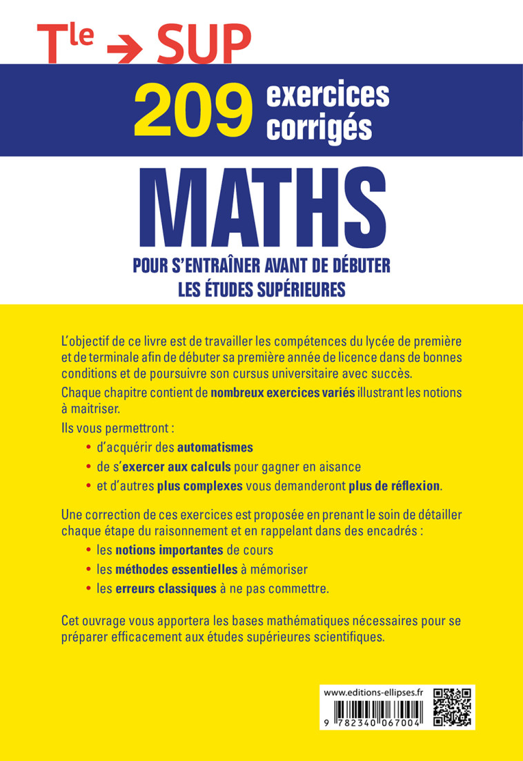 209 EXERCICES CORRIGES DE MATHS TERMINALE  > SUP - OBATON VINCENT - ELLIPSES