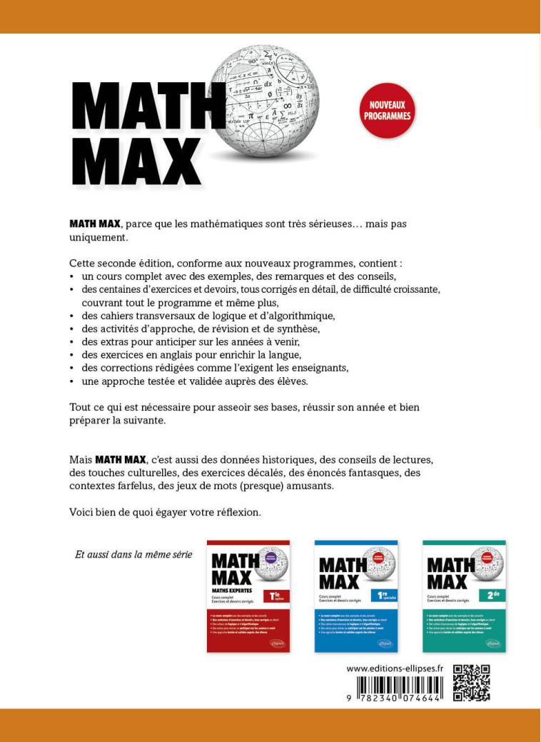 MATH MAX - TERMINALE ENSEIGNEMENT DE SPECIALITE - COURS COMPLET, EXERCICES ET DEVOIRS CORRIGES - KRIEF-DETRAZ S. - ELLIPSES