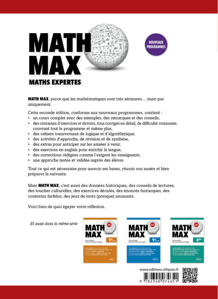 MATH MAX - TERMINALE OPTION MATHEMATIQUES EXPERTES - COURS COMPLET, EXERCICES ET DEVOIRS CORRIGES - KRIEF-DETRAZ S. - ELLIPSES