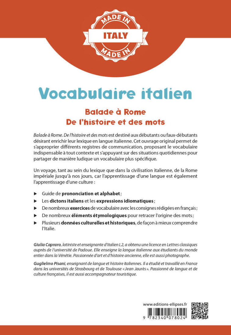 VOCABULAIRE ITALIEN - BALADE A ROME. DE L'HISTOIRE ET DES MOTS - CAPRARO/PISANI - ELLIPSES