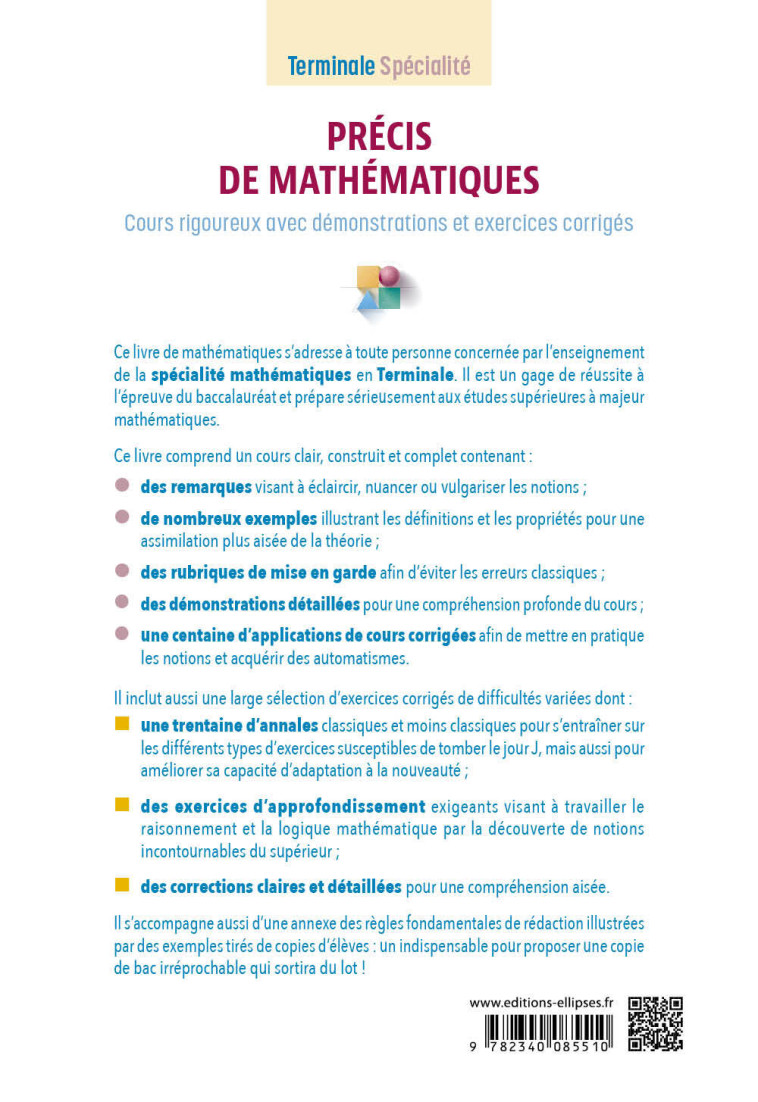 PRECIS DE MATHEMATIQUES TE SPECIALITE COURS RIGOUREUX AVEC DEMONSTRATIONS ET EXERCICES CORRIGES - KHALIFA CHLOMO - ELLIPSES