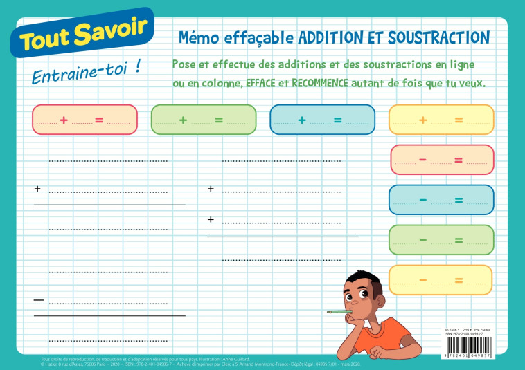 MEMO EFFACABLE ADDITION ET SOUSTRACTION - XXX - HATIER