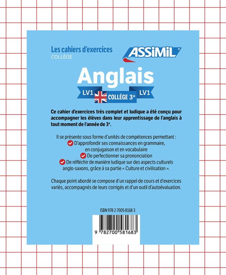 LES CAHIER D'EXERCICES  ANGLAIS LV1 COLLEGE 3E - BAUCHART HELENE - ASSIMIL