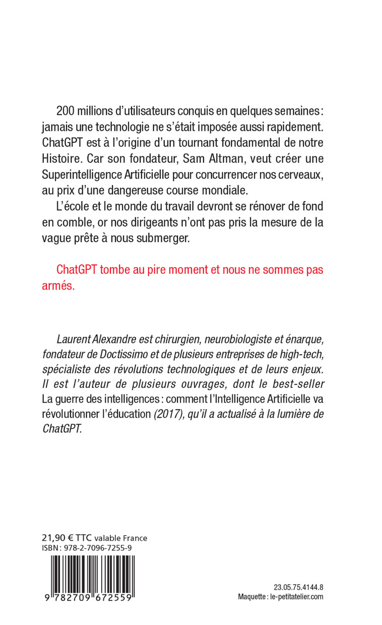 LA GUERRE DES INTELLIGENCES - LE CERVEAU HUMAIN FACE A CHATGPT - LAURENT ALEXANDRE - LATTES