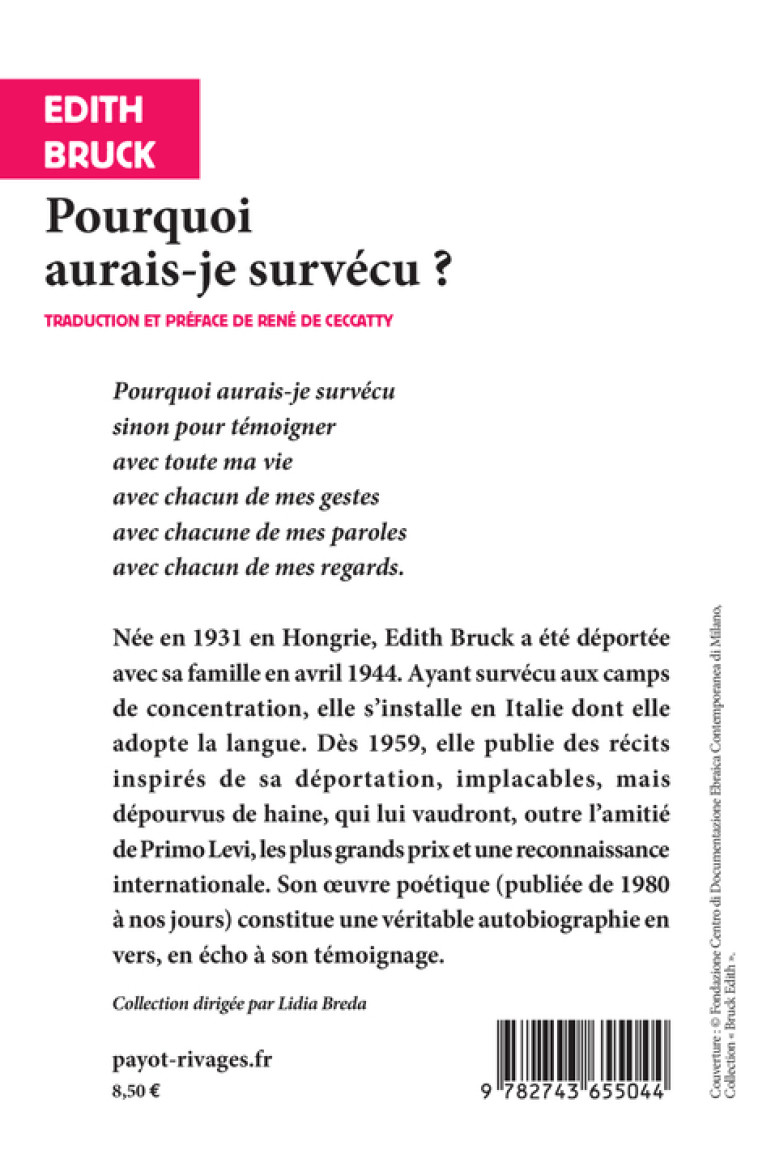 POURQUOI AURAIS-JE SURVECU? - POEMES - BRUCK/DE CECCATTY - RIVAGES