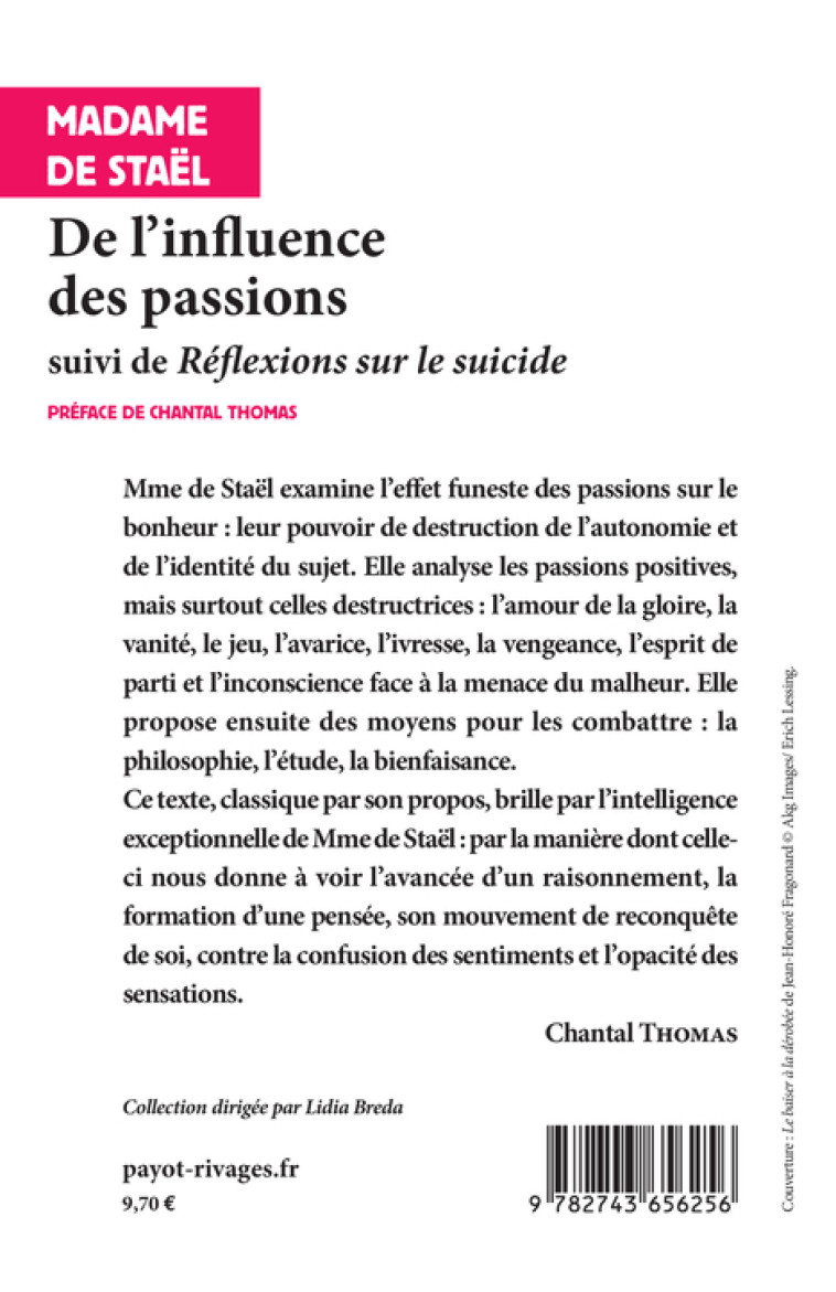 DE L'INFLUENCE DES PASSIONS - SUIVI DE: REFLEXIONS SUR LE SUICIDE - DE STAEL/THOMAS - RIVAGES