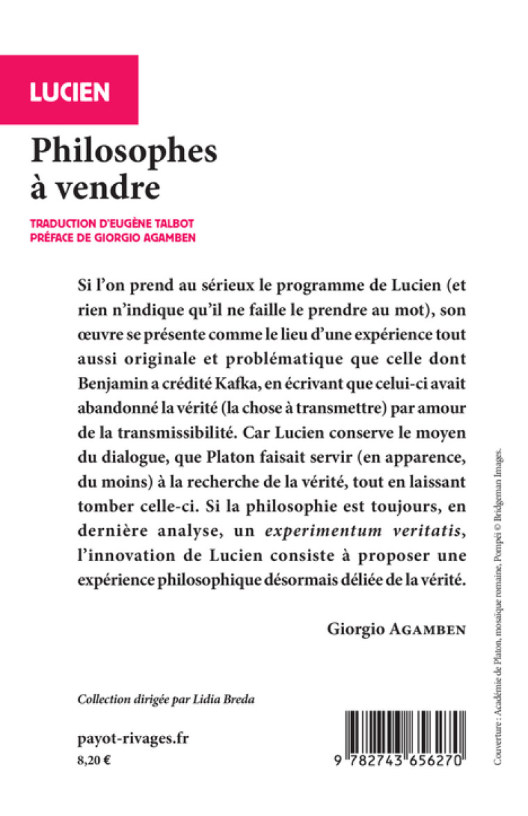 PHILOSOPHES A VENDRE - ET AUTRES RECITS - LUCIEN/AGAMBEN - RIVAGES