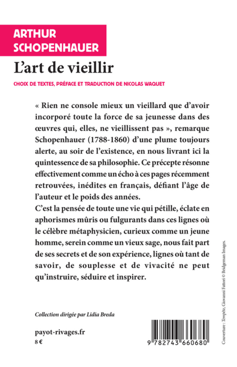 L'ART DE VIEILLIR - SCHOPENHAUER/WAQUET - RIVAGES