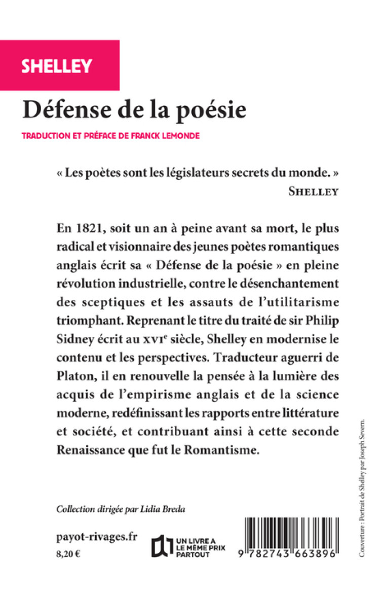 DEFENSE DE LA POESIE - SHELLEY/LEMONDE - RIVAGES