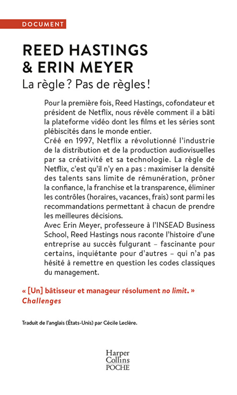 LA REGLE ? PAS DE REGLES ! - NETFLIX ET LA CULTURE DE LA REINVENTION - MEYER/HASTINGS - HARPERCOLLINS