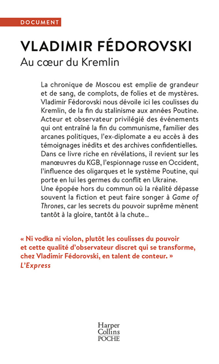 AU COEUR DU KREMLIN - DES TSARS ROUGES A POUTINE - FEDOROVSKI VLADIMIR - HARPERCOLLINS