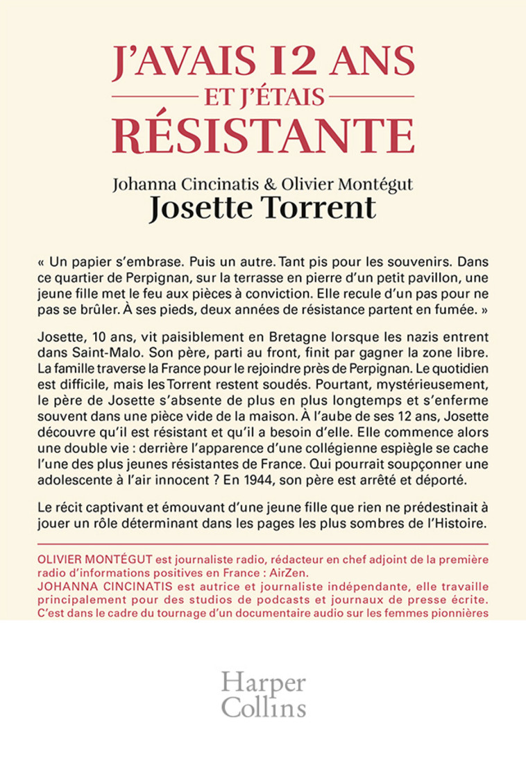 J'AVAIS 12 ANS ET J'ETAIS RESISTANTE - FORGUES TORRENT - HARPERCOLLINS