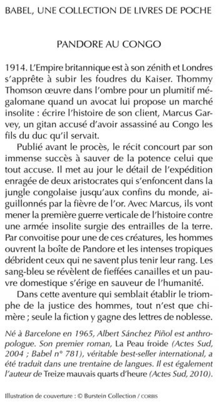 Pandore au Congo - Albert Sánchez piñol - ACTES SUD