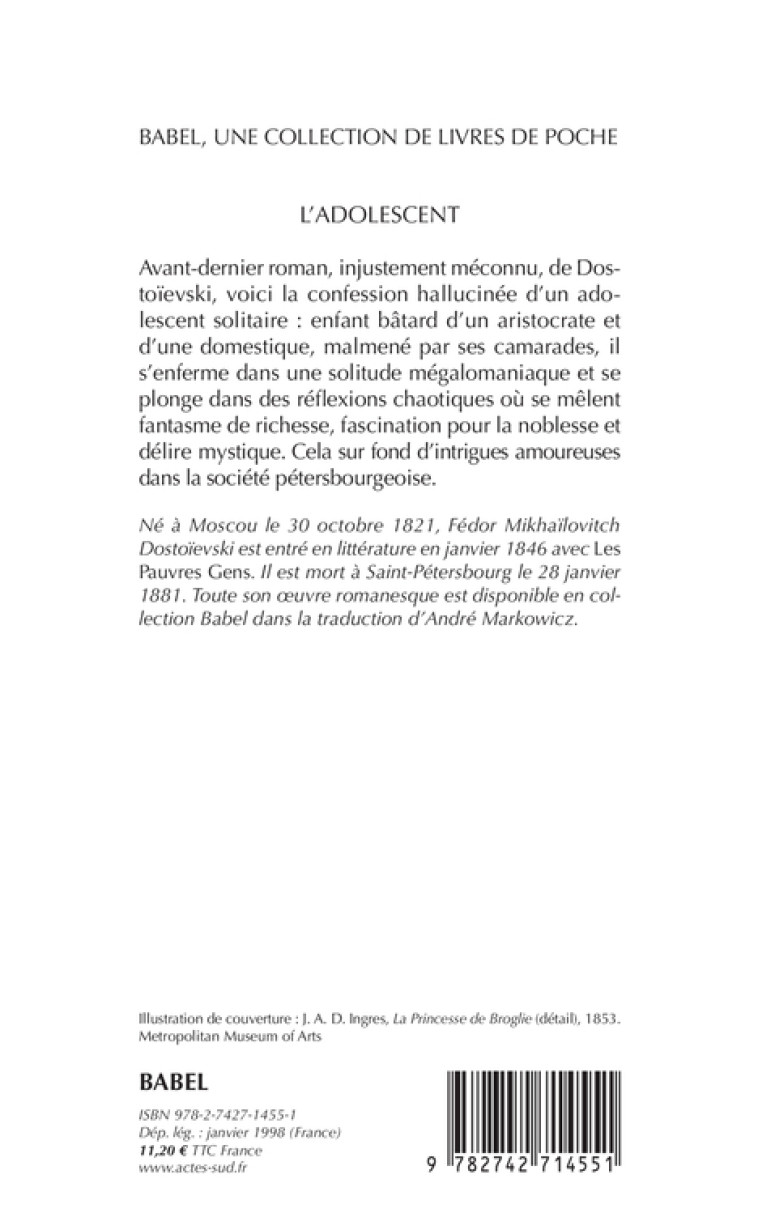 L'adolescent tome 1 - Fédor Dostoïevski - ACTES SUD